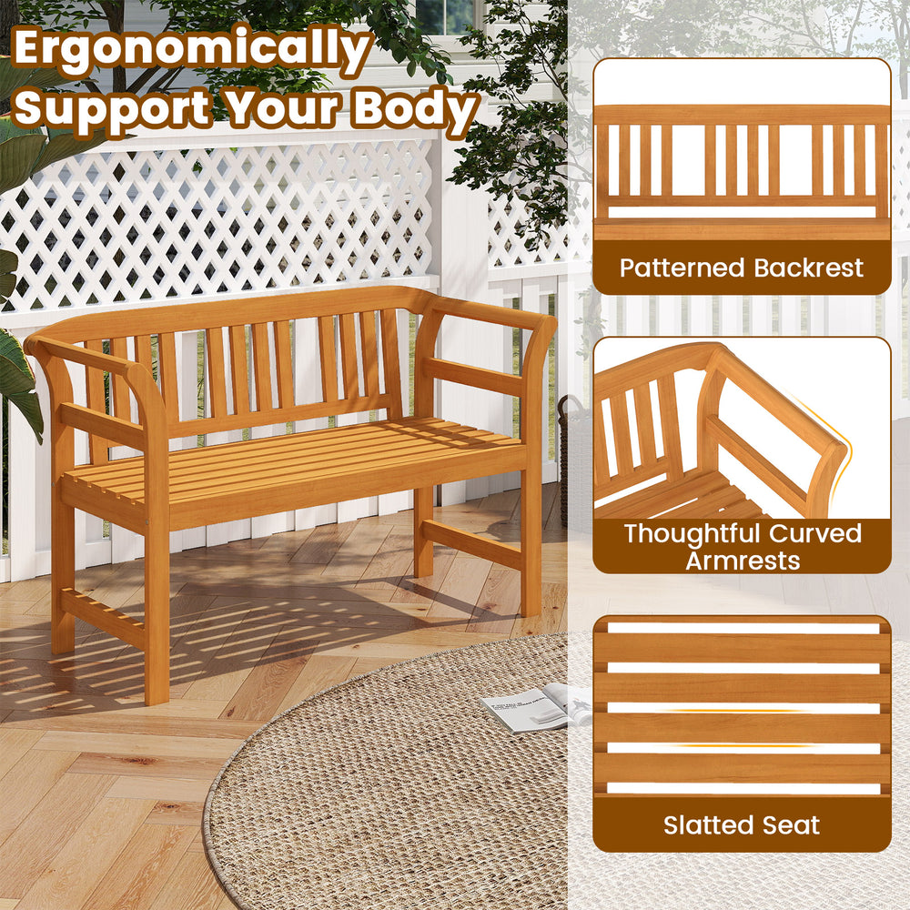 Acacia wood 2-person patio loveseat with geometric backrest and curved armrests, ideal for garden or poolside.