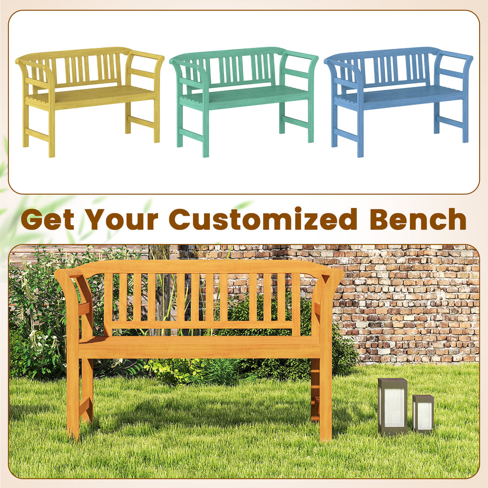 Acacia wood 2-person patio loveseat with backrest and armrests, perfect for outdoor relaxation in your garden or patio.
