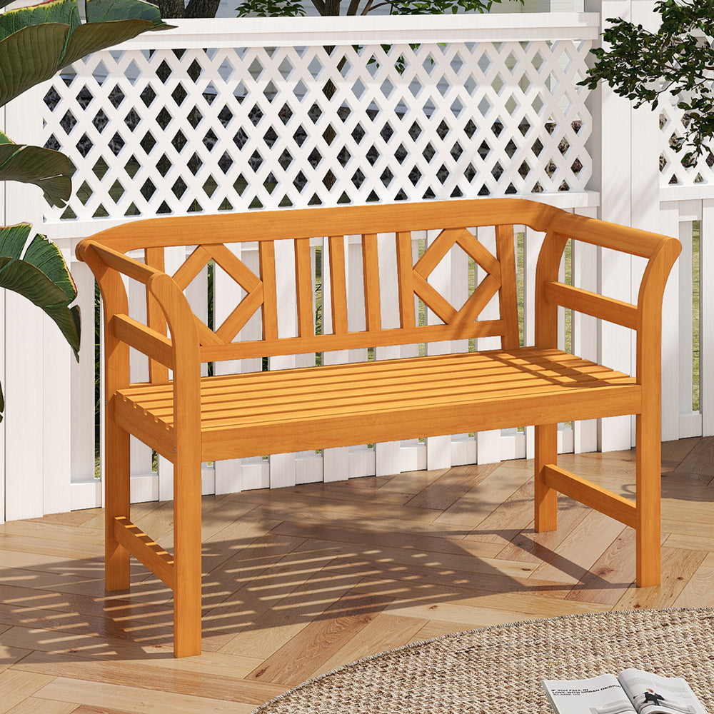Acacia wood 2-person patio loveseat with geometric backrest and armrests, ideal for garden or porch relaxation.