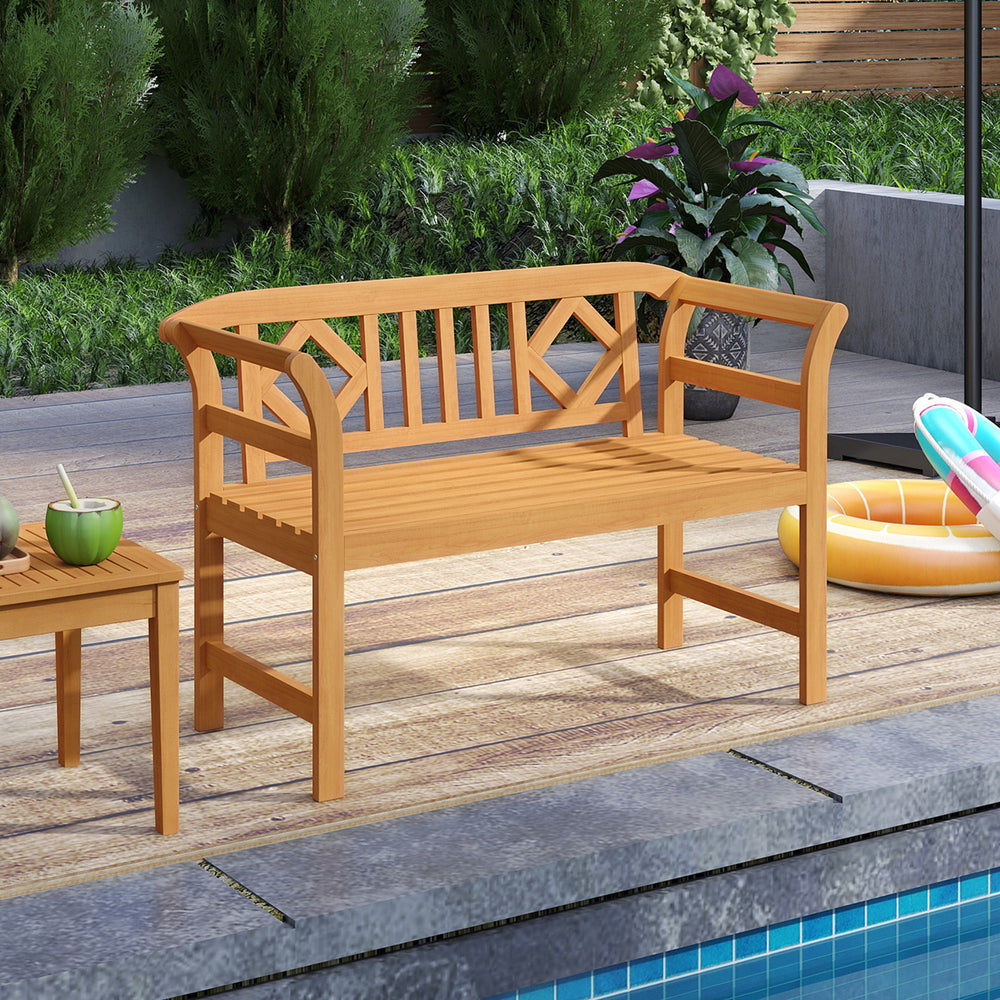 Acacia wood 2-person patio loveseat with geometric backrest and armrests, ideal for poolside relaxation.