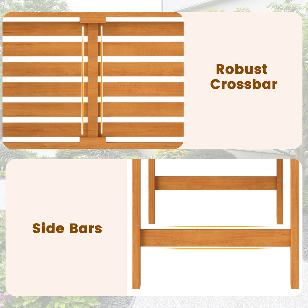 Close-up of the robust crossbar and side bars of the acacia wood 2-person patio loveseat for added stability.