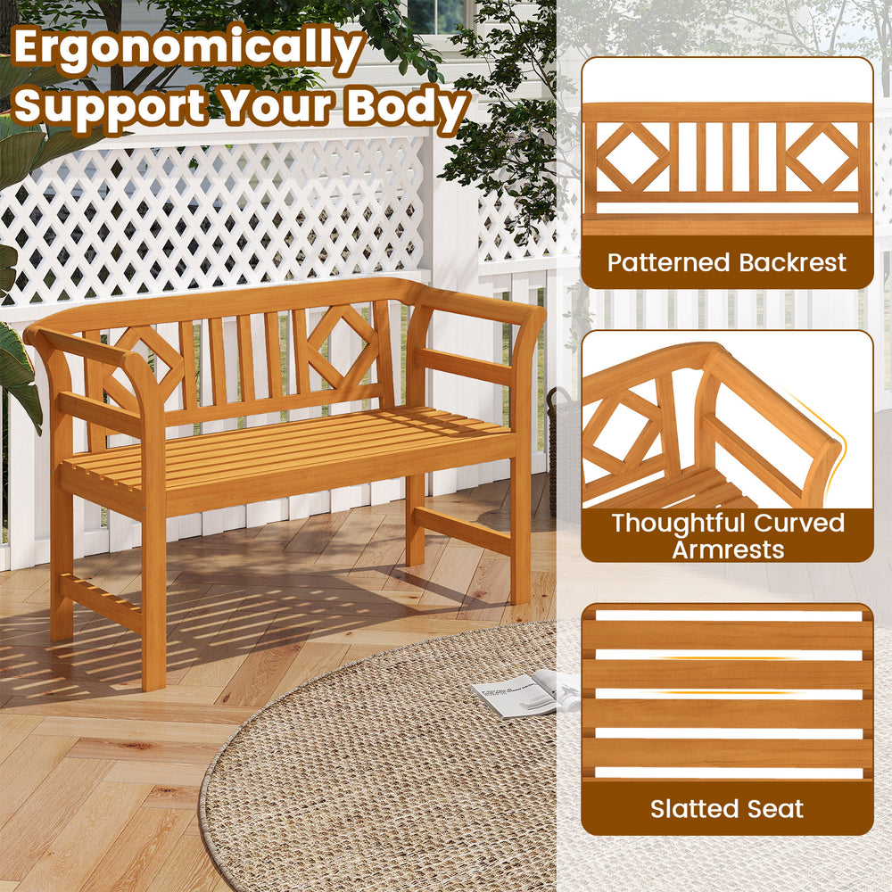 Acacia wood 2-person patio loveseat with geometric backrest and armrests, ideal for outdoor relaxation.