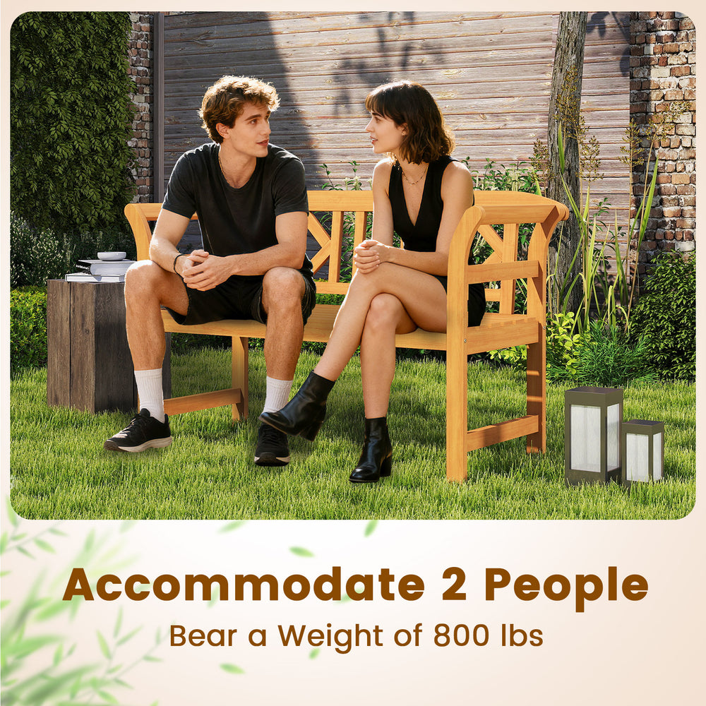Acacia wood 2-person patio loveseat with armrests, supporting 800 lbs, ideal for garden or porch relaxation.