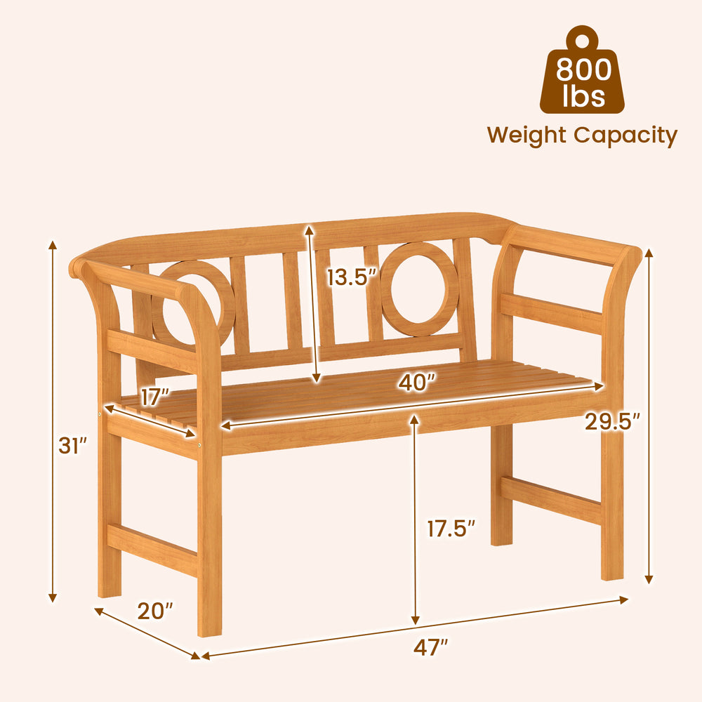 Acacia wood 2-person patio loveseat with geometric backrest, 800 lbs capacity, ideal for backyard relaxation.