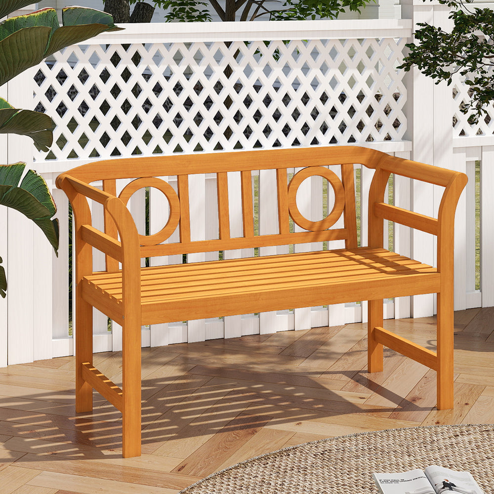 Acacia wood 2-person patio loveseat with geometric backrest and armrests, ideal for backyard relaxation.