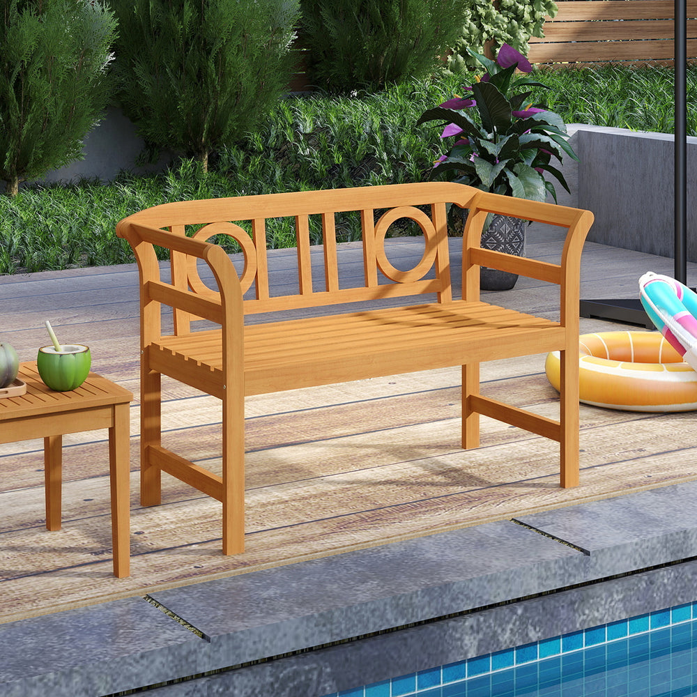Acacia wood 2-person patio loveseat with geometric backrest and armrests, perfect for backyard relaxation by the.