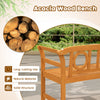 Acacia wood loveseat with geometric backrest and armrests, perfect for backyard relaxation and outdoor patios.