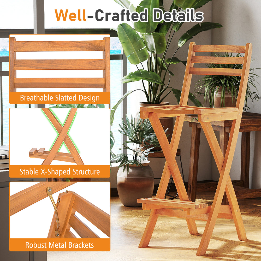 Acacia wood bar height chair with backrest, featuring a breathable slatted design and sturdy X-shaped legs for outdoor.