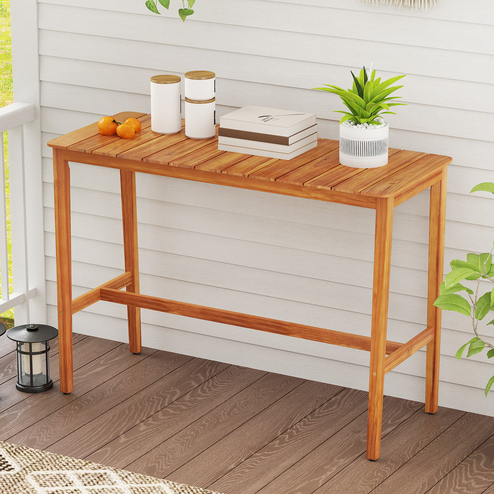 Acacia wood counter height table with slatted design, featuring a natural finish, ideal for stylish outdoor dining.