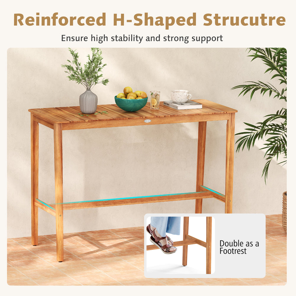 Acacia wood counter height table with slatted tabletop and footrest, perfect for outdoor gatherings and stylish decor.