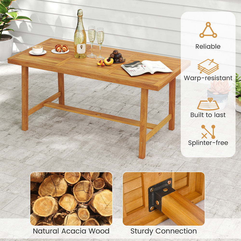 Acacia wood dining table for 6, featuring a smooth surface and sturdy construction, ideal for outdoor dining areas.