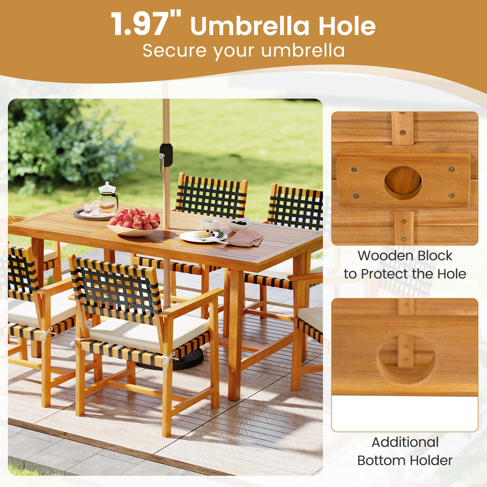 Acacia wood dining table featuring a 1.97" umbrella hole and additional bottom holder, perfect for outdoor dining.