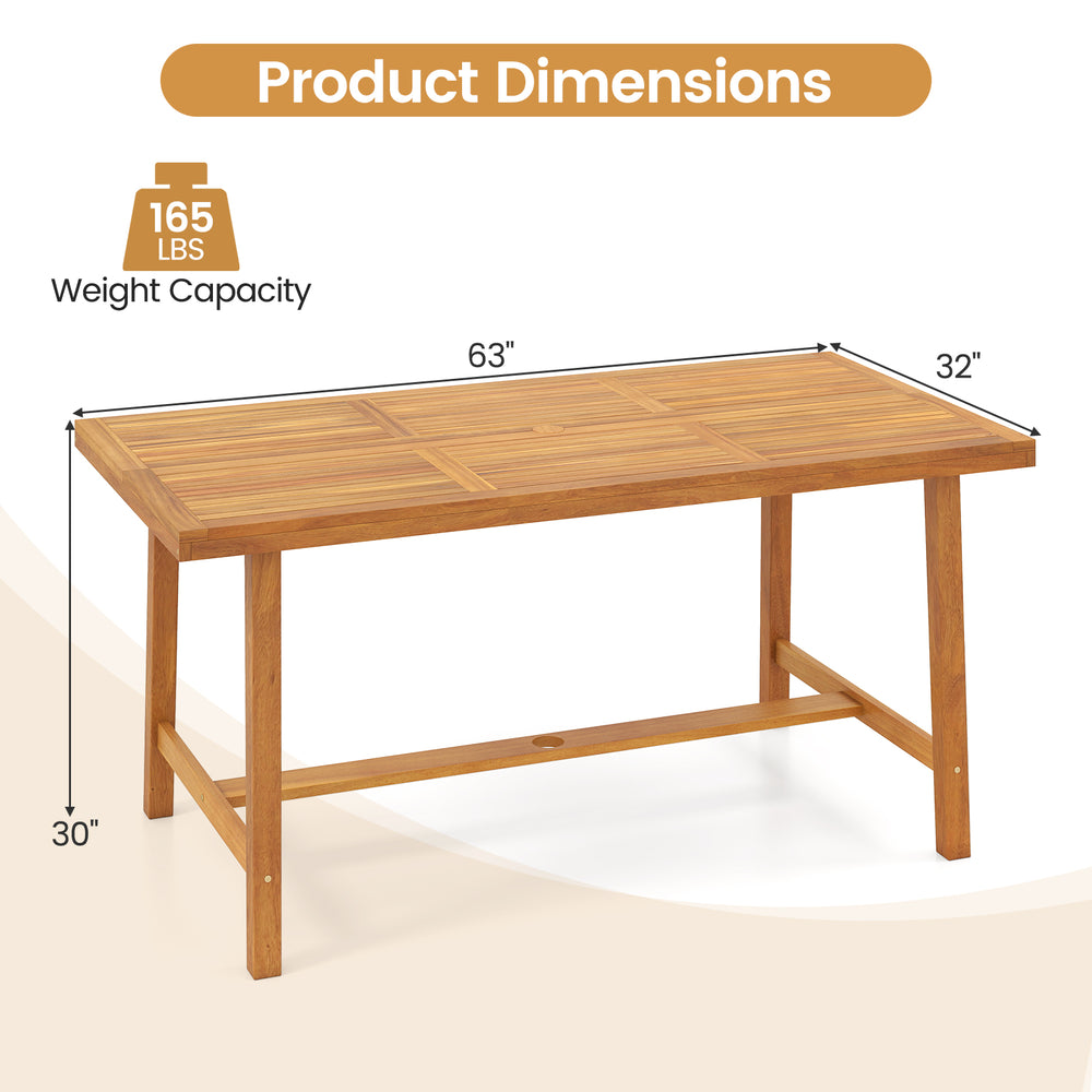 Acacia wood dining table with slatted top, 63" x 32", for 6 people, ideal for indoor and outdoor use.