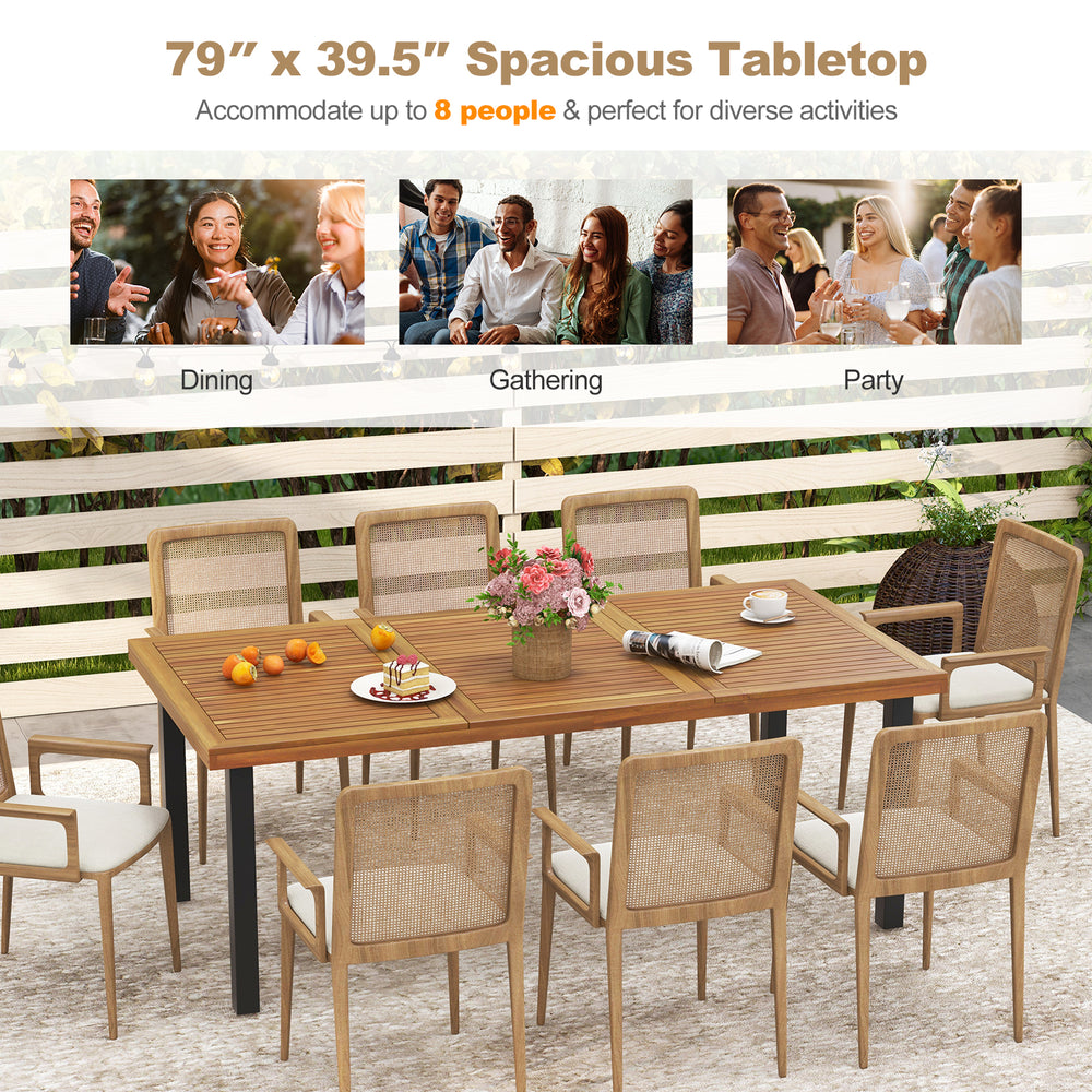 79" acacia wood dining table with slatted design, accommodates 8 people, perfect for outdoor gatherings and parties.