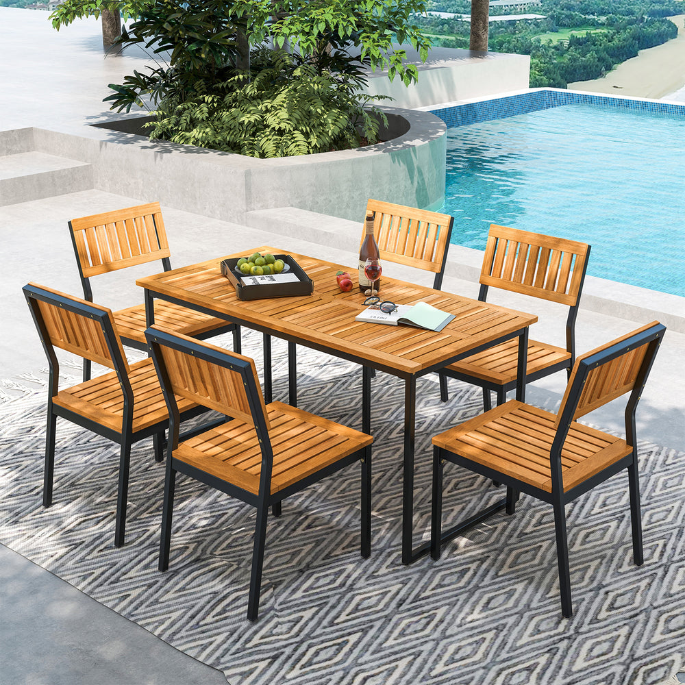 Acacia wood dining table for 6 featuring sturdy powder-coated metal legs, ideal for stylish outdoor dining experiences.