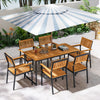 Acacia wood dining table for 6 with slatted tabletop and umbrella hole, perfect for outdoor patios and gardens.