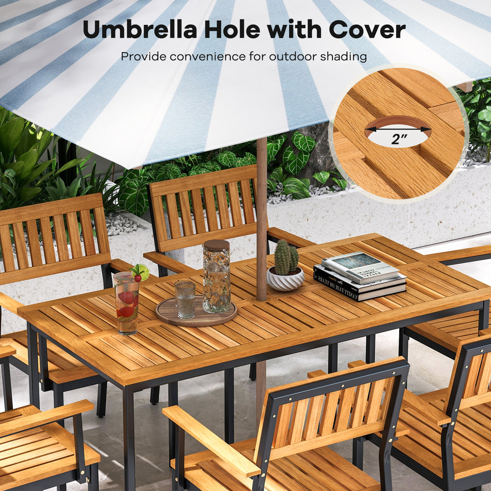 Acacia wood dining table for 6 with slatted tabletop and integrated umbrella hole, perfect for outdoor shading.