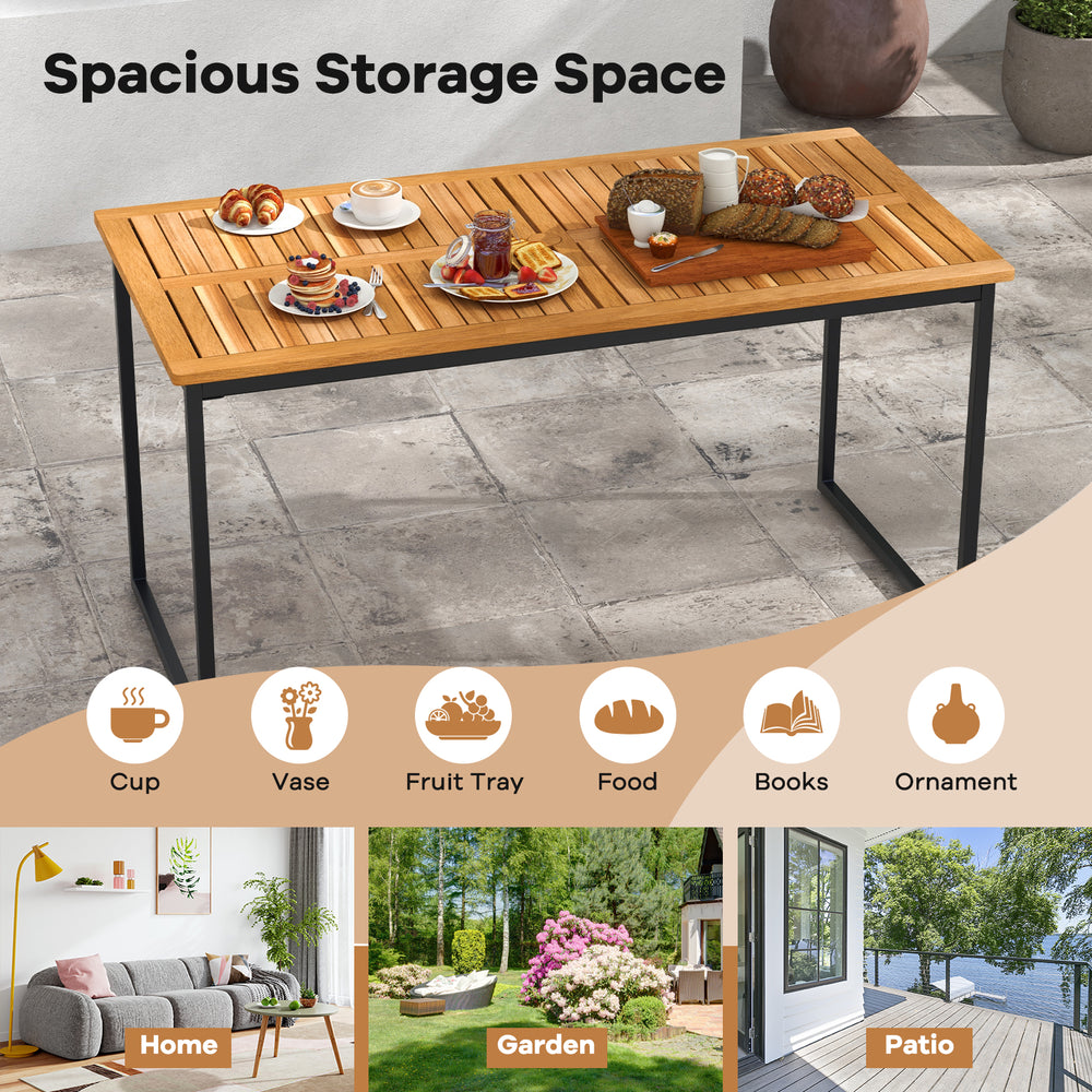 Acacia wood dining table for 6 with slatted top and umbrella hole, perfect for outdoor patio gatherings.