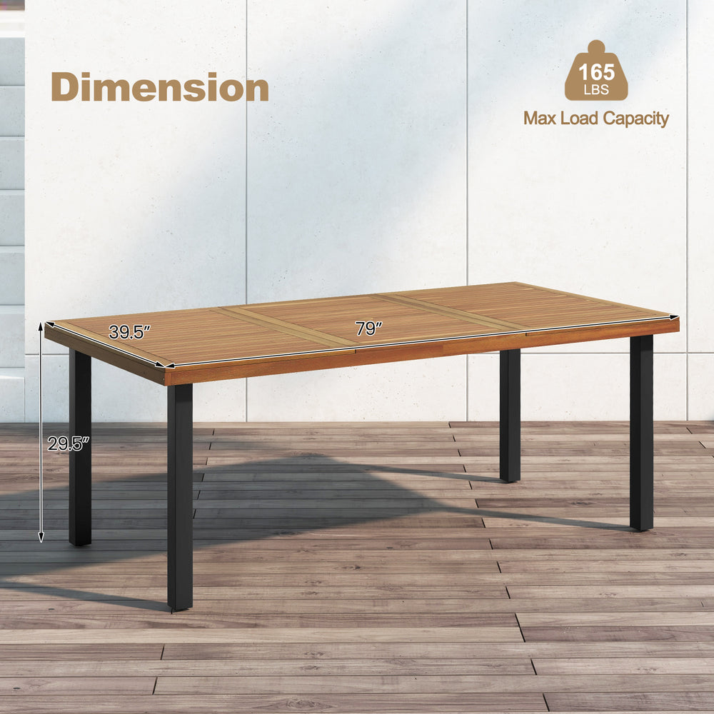 79-inch acacia wood dining table showcasing dimensions, designed for 8 people with a durable slatted surface for.