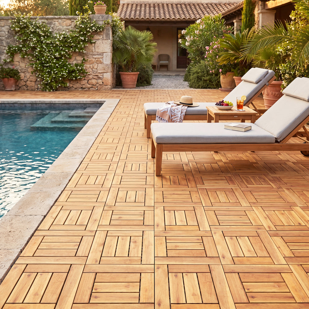 Acacia wood interlocking deck tiles shown on a patio near a pool, ideal for outdoor spaces like balconies and backyards.