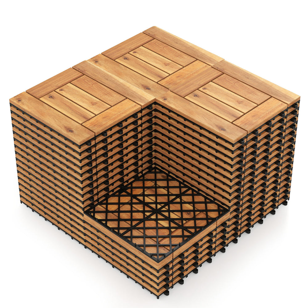 Acacia wood interlocking deck tiles with a diamond-shaped PP base, ideal for outdoor patio and balcony use.
