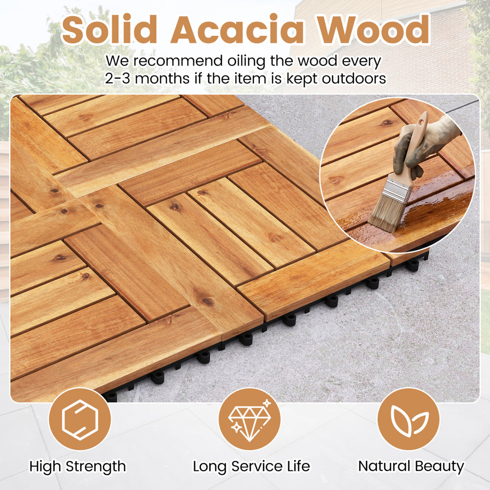 Acacia wood interlocking deck tiles showcasing a natural finish, ideal for outdoor patios and poolside areas.