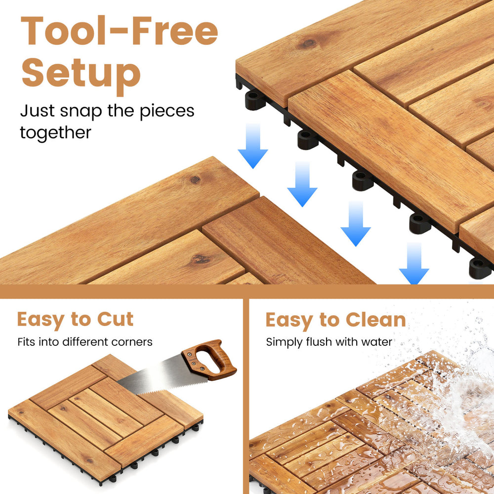 Close-up of acacia wood interlocking deck tiles showing tool-free setup and easy cleaning for patio and balcony use.