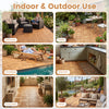 Acacia wood interlocking deck tiles displayed in various settings, ideal for patio, balcony, and poolside use.