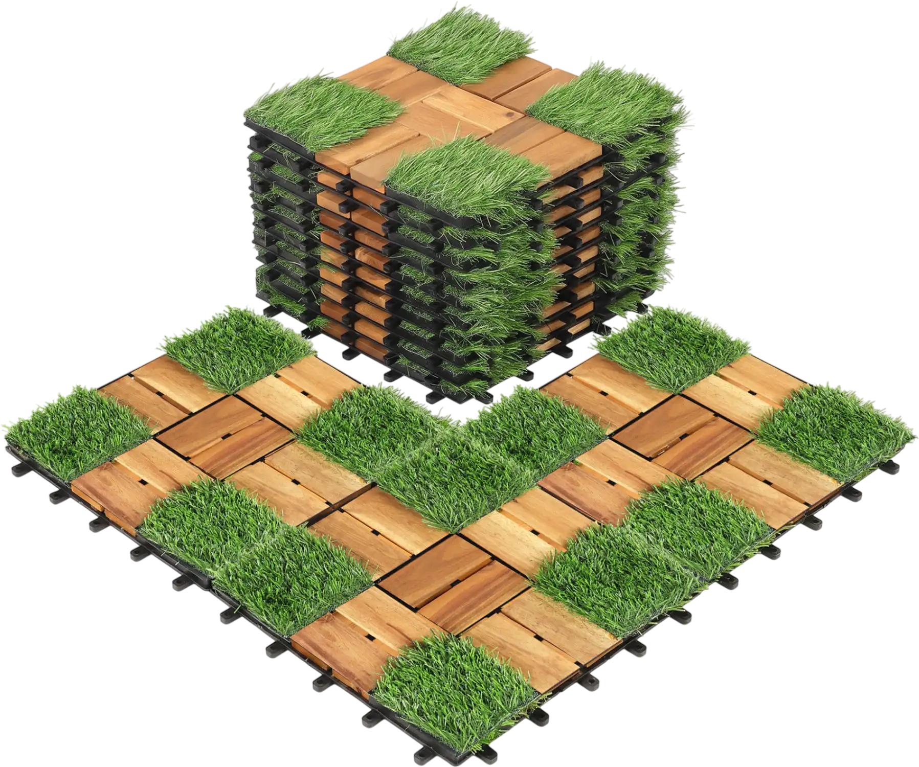 Costway Acacia Wood Interlocking Deck Tiles w/ Artificial Grass 27292472 New