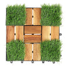 Acacia wood interlocking deck tiles feature artificial grass for a natural look, designed for easy installation and drainage.
