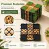 Acacia wood interlocking deck tiles feature realistic artificial grass and a durable plastic base for easy outdoor installation.