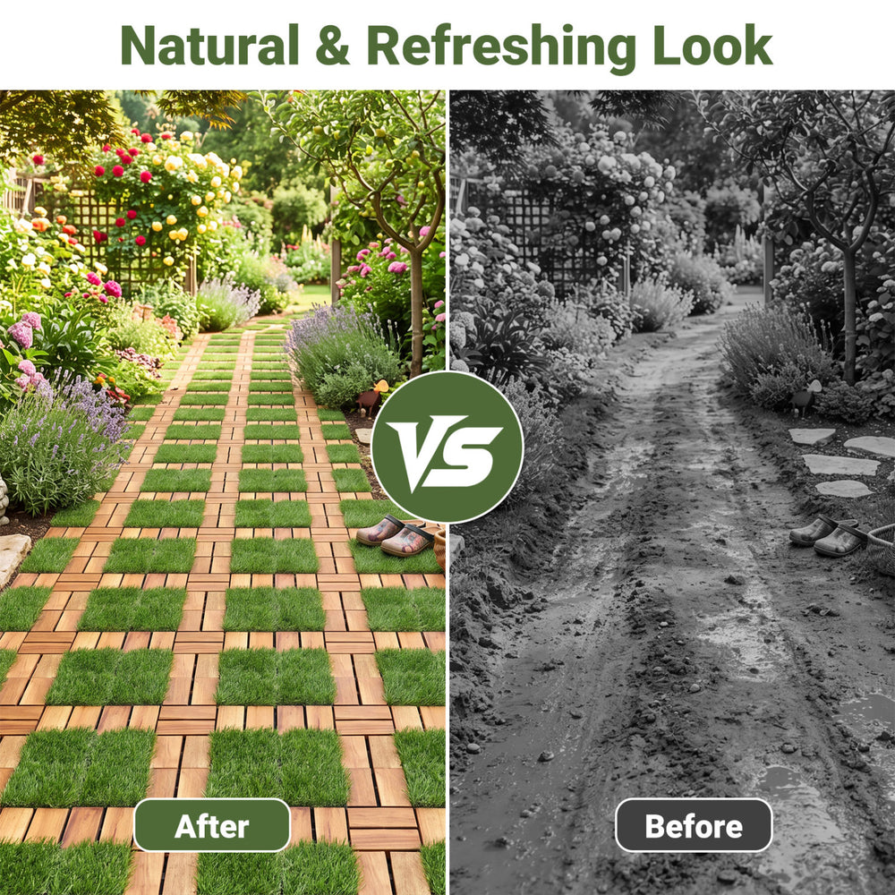 Acacia wood interlocking deck tiles with artificial grass create a natural and refreshing look for outdoor spaces.