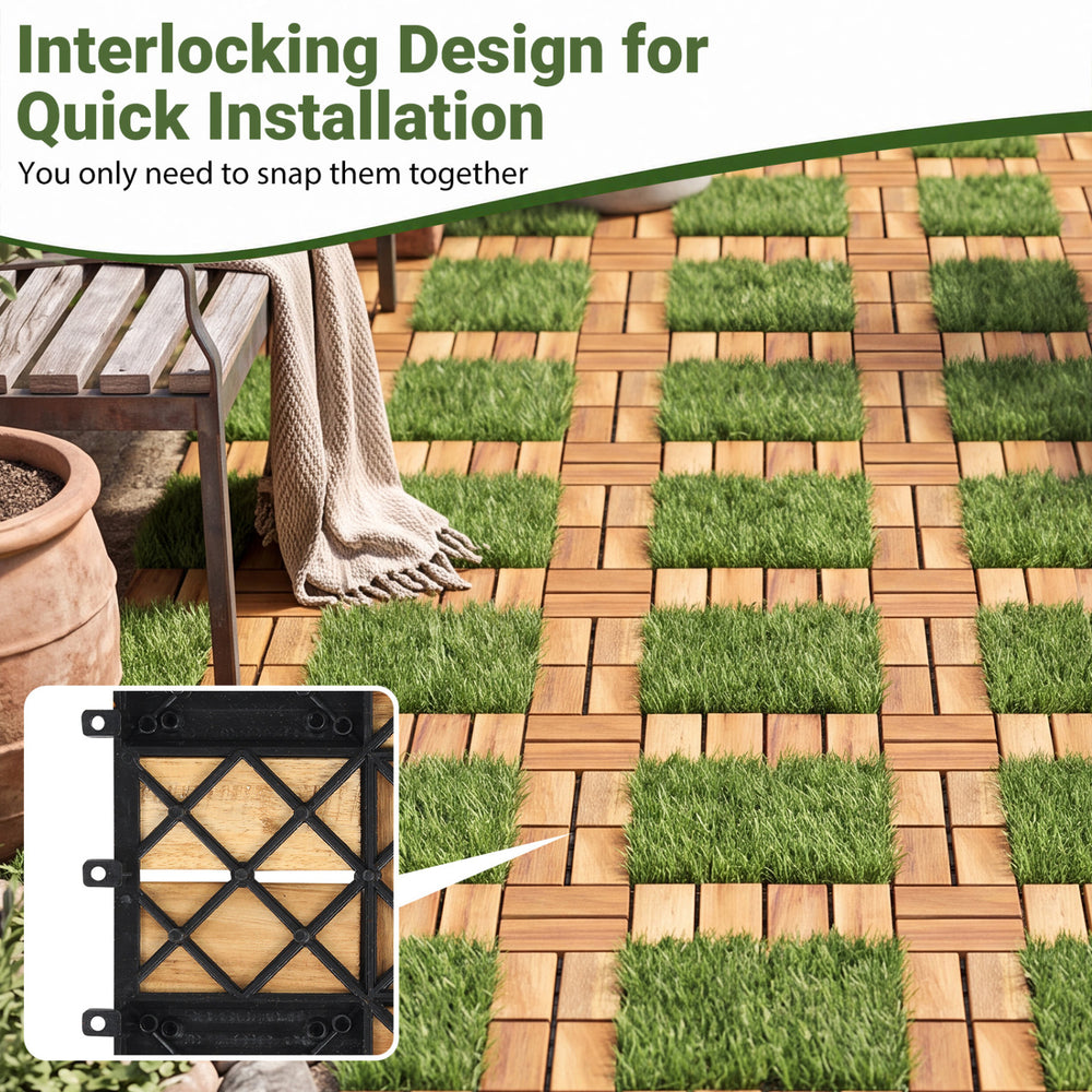 Acacia wood interlocking deck tiles feature realistic artificial grass and a quick installation design for outdoor spaces.