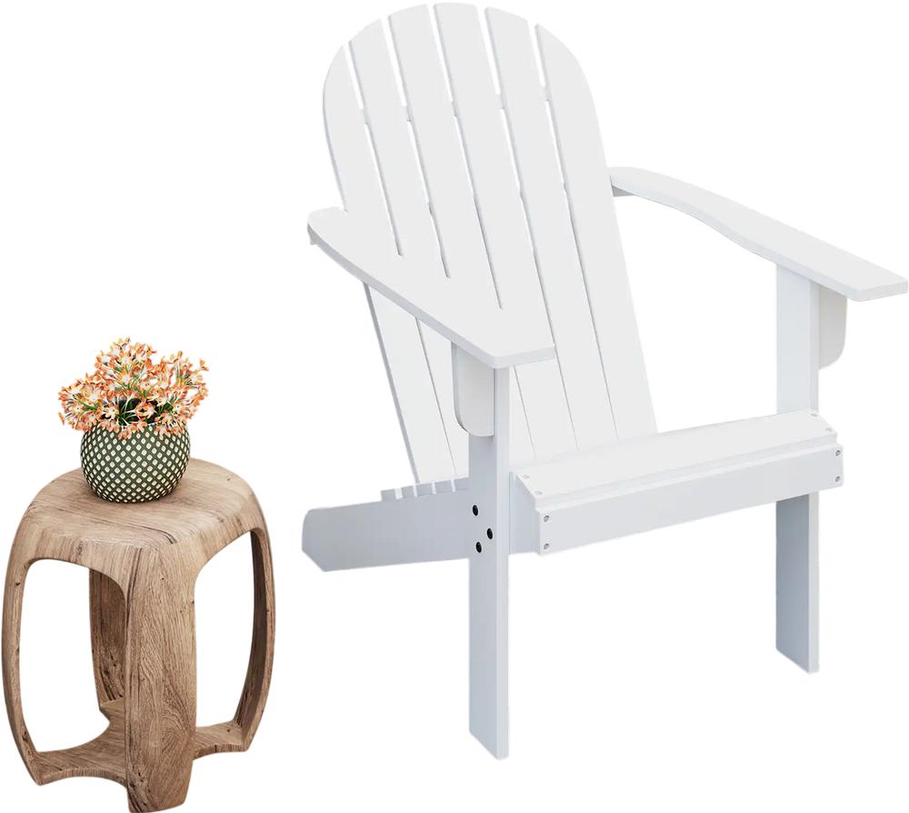White acacia wood Adirondack chair with inclined seat, perfect for backyard relaxation by the poolside.