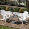 White acacia wood Adirondack chairs with inclined seats and a small table, perfect for backyard relaxation.
