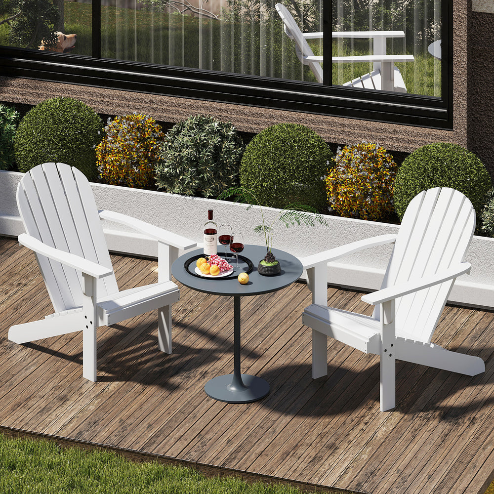 White acacia wood Adirondack chairs with inclined seats and a small table, perfect for backyard relaxation.