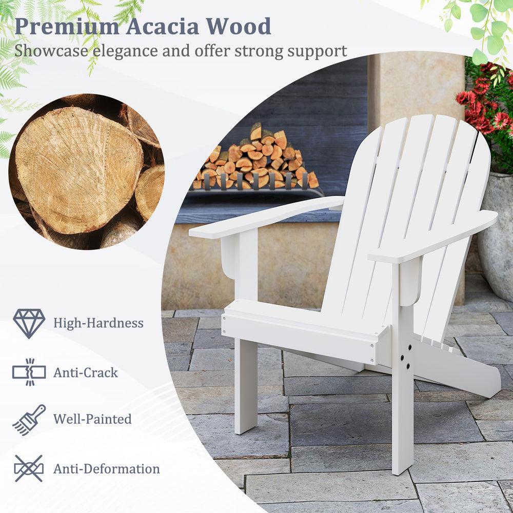 White acacia wood Adirondack chair with inclined seat and wide armrests, ideal for backyard and poolside relaxation.