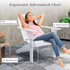 Ergonomic white acacia wood Adirondack chair with inclined seat and wide armrests, perfect for backyard relaxation.
