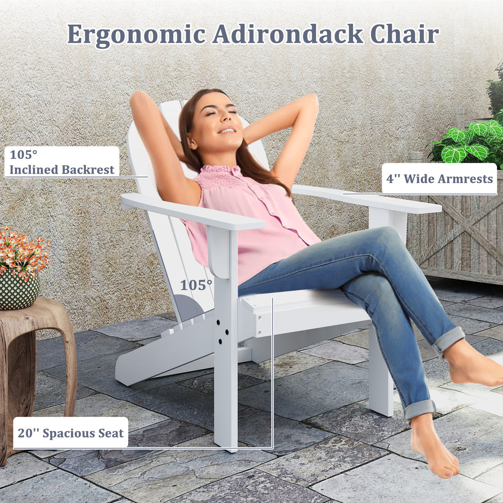 Ergonomic white acacia wood Adirondack chair with inclined seat and wide armrests, perfect for backyard relaxation.
