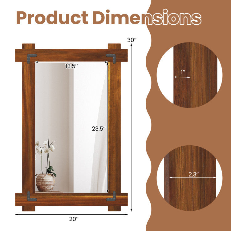 Acacia wood mirror dimensions showing 30" x 20" with shatterproof glass, perfect for rustic home decor.