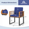 Acacia wood outdoor dining chair with navy soft cushions, featuring a sturdy metal frame and cozy armrests for comfort.
