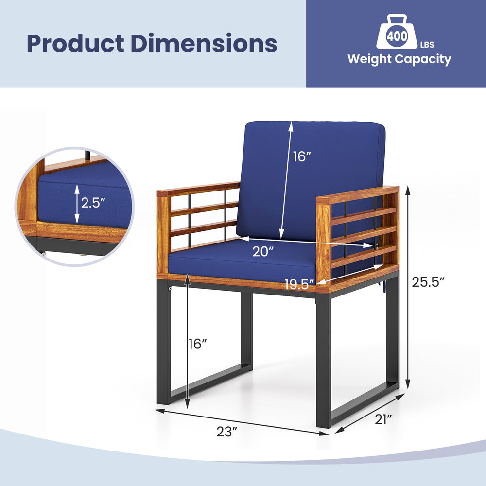 Acacia wood outdoor dining chair with navy soft cushions, featuring a sturdy metal frame and cozy armrests for comfort.
