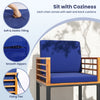 Navy cushion detail of Acacia wood outdoor dining chair set, featuring smooth zippers and fixing ties for secure.