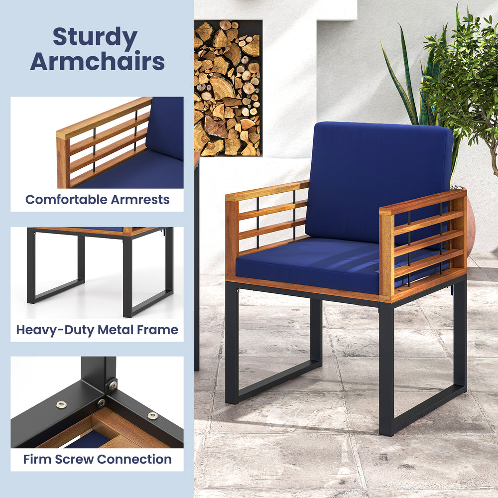 Acacia wood outdoor dining chair with navy soft cushions, sturdy metal frame, and cozy armrests for patio comfort.