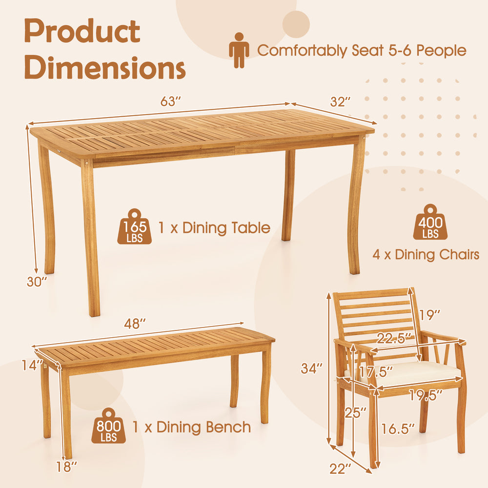 Acacia wood outdoor dining table and bench set with umbrella hole, comfortably seating 6 people for gatherings.