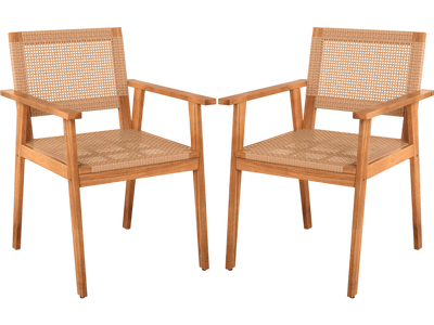 Costway Acacia Wood Outdoor Patio Dining Chairs Set of 2 PE Rattan Backrests Armrests 74080133 New