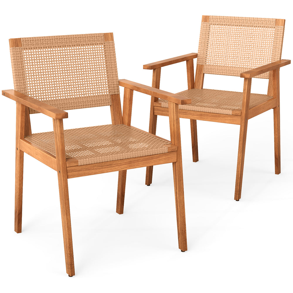 Set of 2 acacia wood outdoor dining chairs with PE rattan seats, featuring armrests and backrests for comfort.