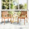 Set of 2 acacia wood outdoor dining chairs with PE rattan, featuring backrests and armrests, ideal for patio use.