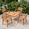 Acacia wood outdoor dining set featuring two PE rattan chairs with backrests and armrests, ideal for patio use.