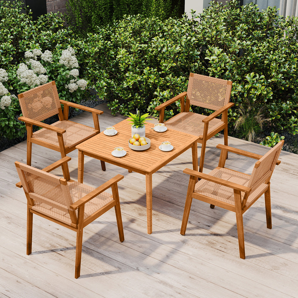 Acacia wood outdoor dining set featuring two PE rattan chairs with backrests and armrests, ideal for patio use.